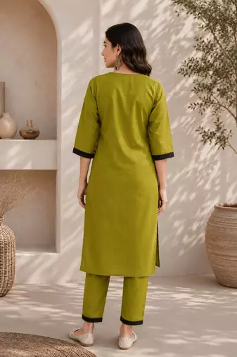 Women's new stylish green  cotton blend straight kurta with pants and embroidered yoke
