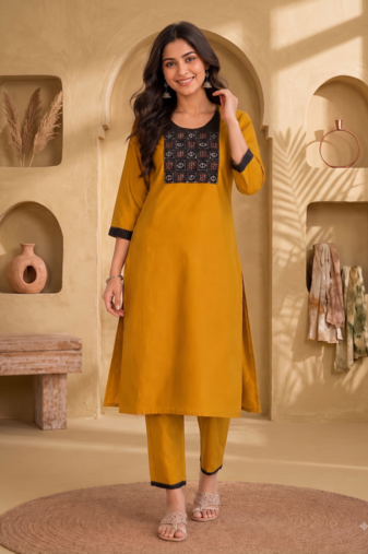 Women's new stylish mustard  cotton blend straight kurta with pants and embroidered yoke