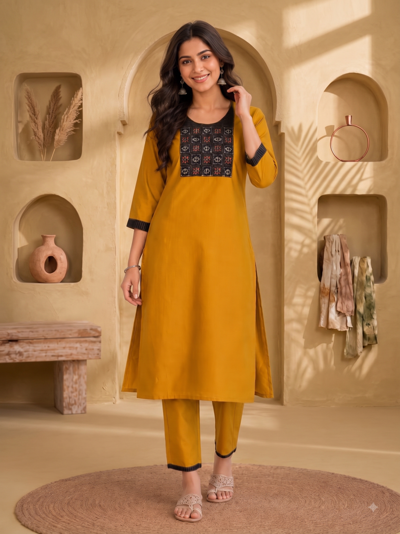 Women's new stylish mustard  cotton blend straight kurta with pants and embroidered yoke