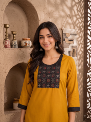 Women's new stylish mustard  cotton blend straight kurta with pants and embroidered yoke 2