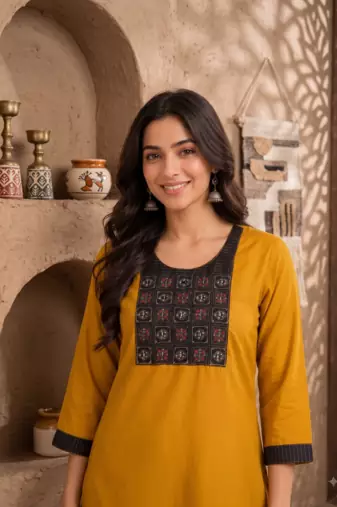 Women's new stylish mustard  cotton blend straight kurta with pants and embroidered yoke