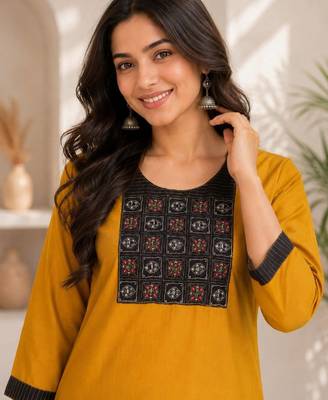 Women's new stylish mustard  cotton blend straight kurta with pants and embroidered yoke 2