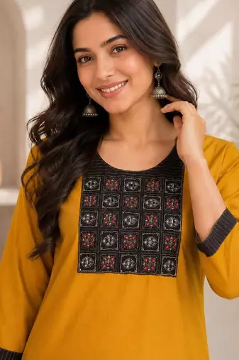 Women's new stylish mustard  cotton blend straight kurta with pants and embroidered yoke