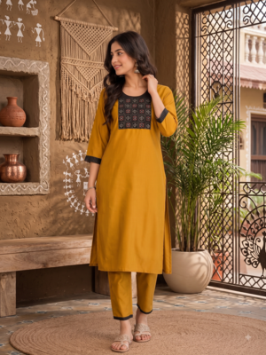 Women's new stylish mustard  cotton blend straight kurta with pants and embroidered yoke 3