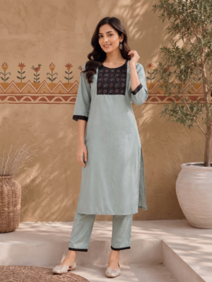 Women's new stylish sky  cotton blend straight kurta with pants and embroidered yoke 1
