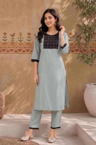 Women's new stylish sky  cotton blend straight kurta with pants and embroidered yoke