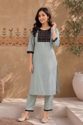 Women's new stylish sky  cotton blend straight kurta with pants and embroidered yoke