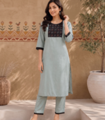 Women's new stylish sky  cotton blend straight kurta with pants and embroidered yoke
