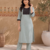 Women's new stylish sky  cotton blend straight kurta with pants and embroidered yoke
