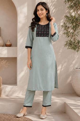 Women's new stylish sky  cotton blend straight kurta with pants and embroidered yoke
