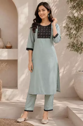 Women's new stylish sky  cotton blend straight kurta with pants and embroidered yoke
