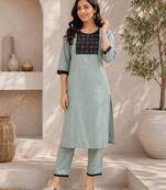 Women's new stylish sky  cotton blend straight kurta with pants and embroidered yoke