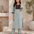Women's new stylish sky  cotton blend straight kurta with pants and embroidered yoke