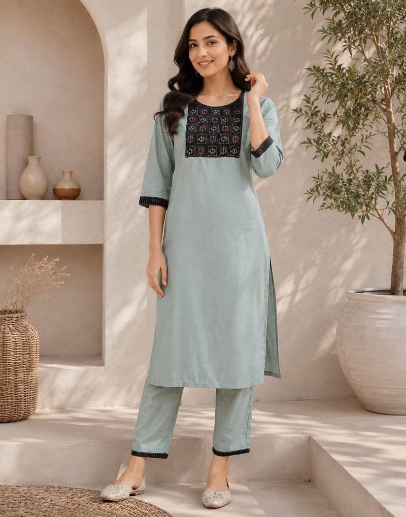 Women's new stylish sky  cotton blend straight kurta with pants and embroidered yoke