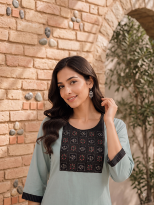 Women's new stylish sky  cotton blend straight kurta with pants and embroidered yoke 2