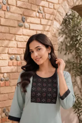 Women's new stylish sky  cotton blend straight kurta with pants and embroidered yoke