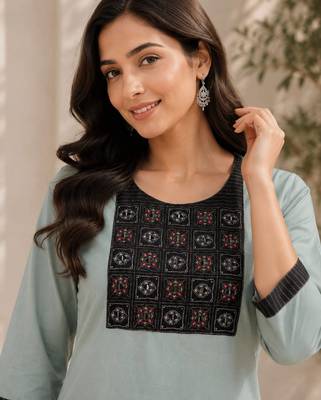 Women's new stylish sky  cotton blend straight kurta with pants and embroidered yoke 2