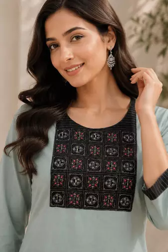 Women's new stylish sky  cotton blend straight kurta with pants and embroidered yoke