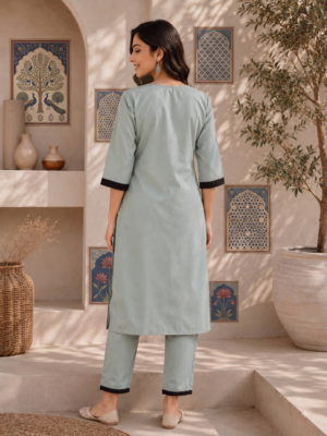 Women's new stylish sky  cotton blend straight kurta with pants and embroidered yoke 3