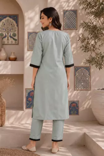 Women's new stylish sky  cotton blend straight kurta with pants and embroidered yoke