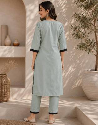 Women's new stylish sky  cotton blend straight kurta with pants and embroidered yoke 3