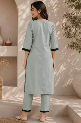 Women's new stylish sky  cotton blend straight kurta with pants and embroidered yoke