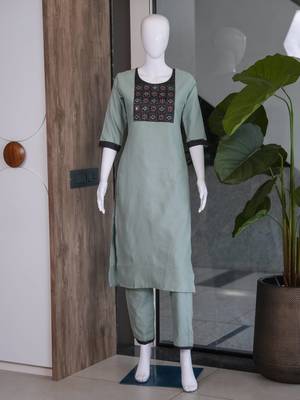 Women's new stylish sky  cotton blend straight kurta with pants and embroidered yoke 4