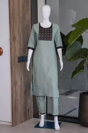 Women's new stylish sky  cotton blend straight kurta with pants and embroidered yoke