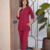 Women new rani pink solid kurta pant set with heavy neck embroidery