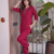 Women new rani pink solid kurta pant set with heavy neck embroidery
