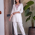 Women new white solid kurta pant set with heavy neck embroidery