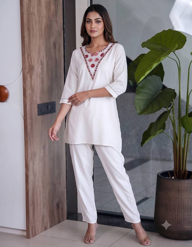 Women new white solid kurta pant set with heavy neck embroidery