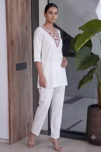 Women new white solid kurta pant set with heavy neck embroidery