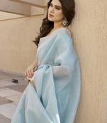 Women firozi linen silk blend handloom saree