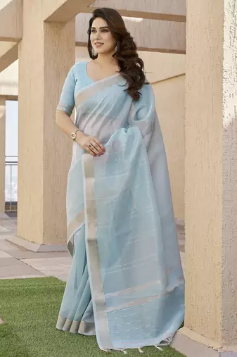 Women firozi linen silk blend handloom saree