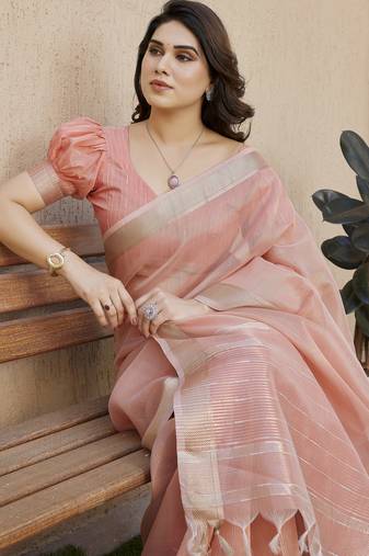 Women peach linen silk blend handloom saree