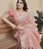 Women peach linen silk blend handloom saree