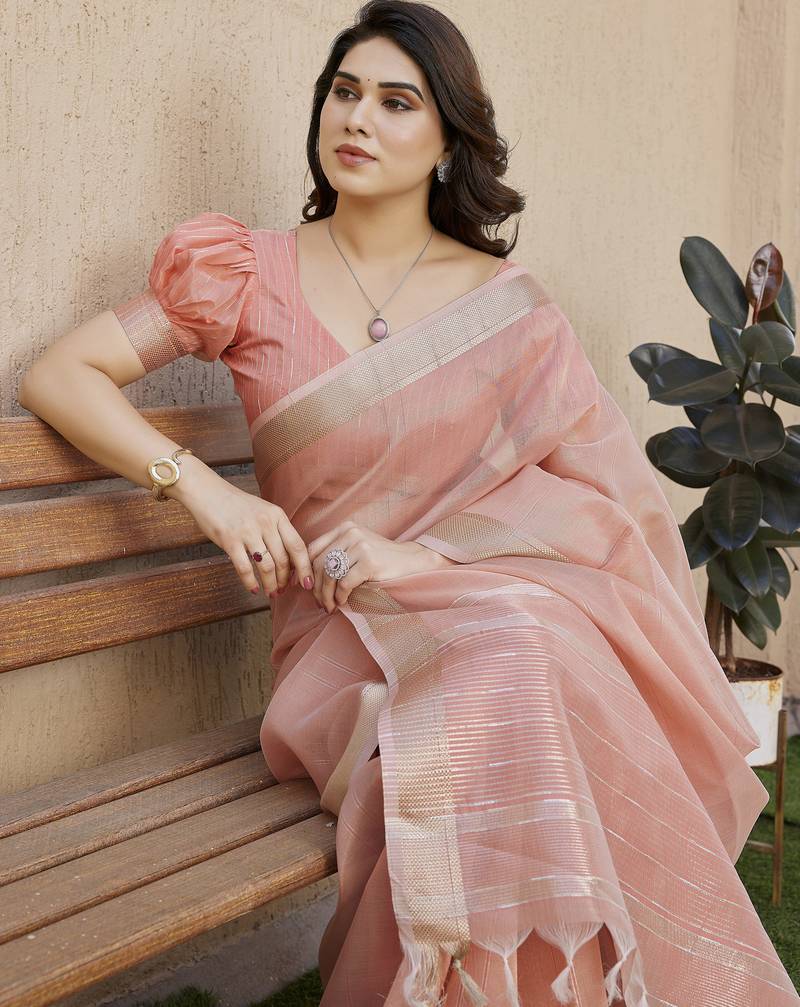 Women peach linen silk blend handloom saree