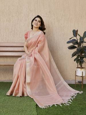 Women peach linen silk blend handloom saree 2