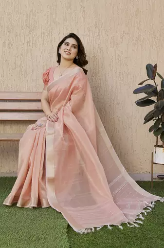Women peach linen silk blend handloom saree
