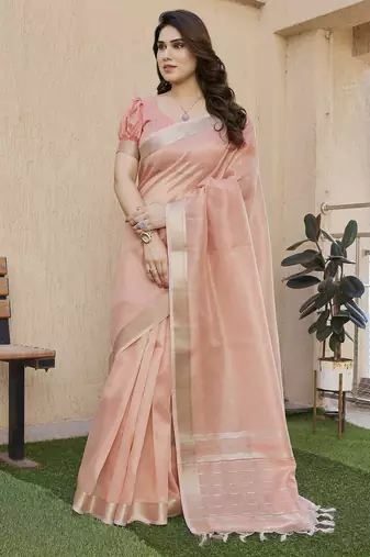 Women peach linen silk blend handloom saree