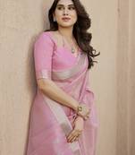 Women pink linen silk blend handloom saree