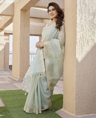 Women pista linen silk blend handloom saree 1