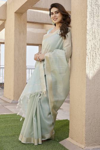Women pista linen silk blend handloom saree