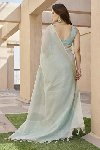 Women pista linen silk blend handloom saree