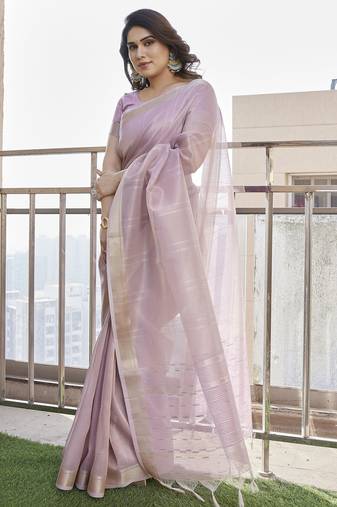 Women purple linen silk blend handloom saree