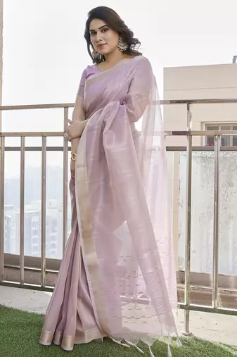 Women purple linen silk blend handloom saree