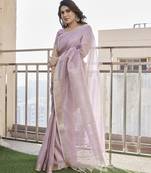 Women purple linen silk blend handloom saree