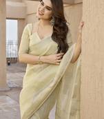 Women yellow linen silk blend handloom saree