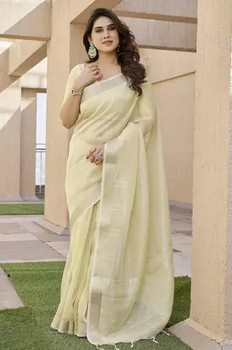 Women yellow linen silk blend handloom saree